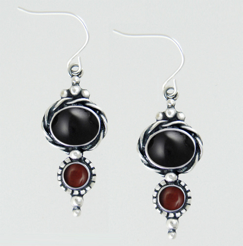 Sterling Silver Drop Dangle Earrings With Black Onyx And Red Tiger Eye